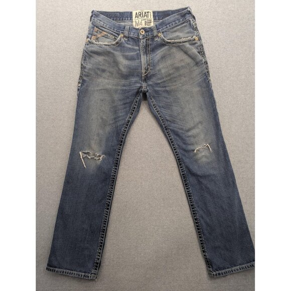 Ariat M4 Low Rise Boot Jeans Mens 32x34 Blue Denim Turnout Adkins Distressed - Picture 1 of 16